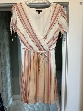 City Studios Cream Striped Wrap Midi Dress with Pink & Tan Accents